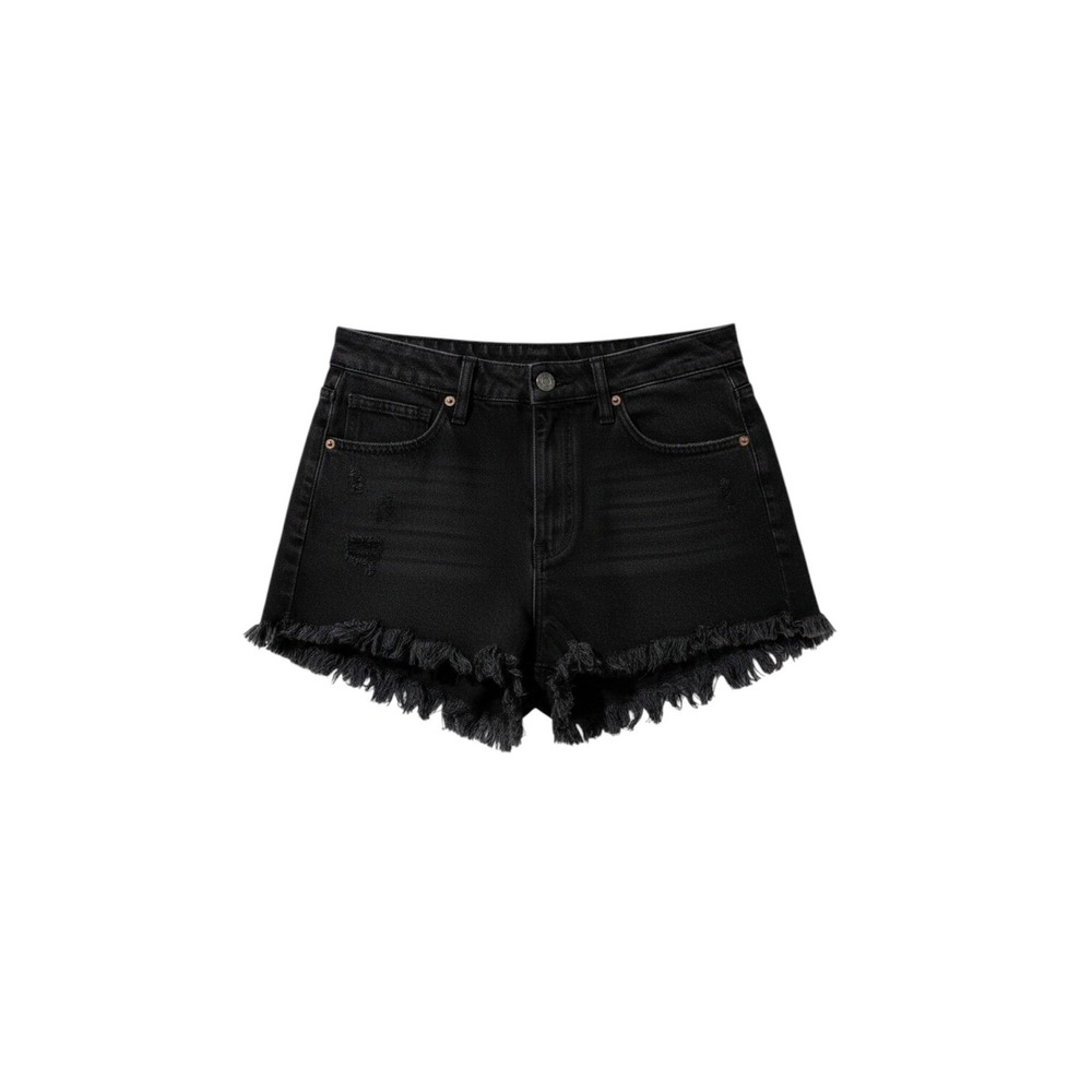 Fashion Nova Black Frayed Fringe Hem Denim High Rise Shorts Faded Whiskered Boho